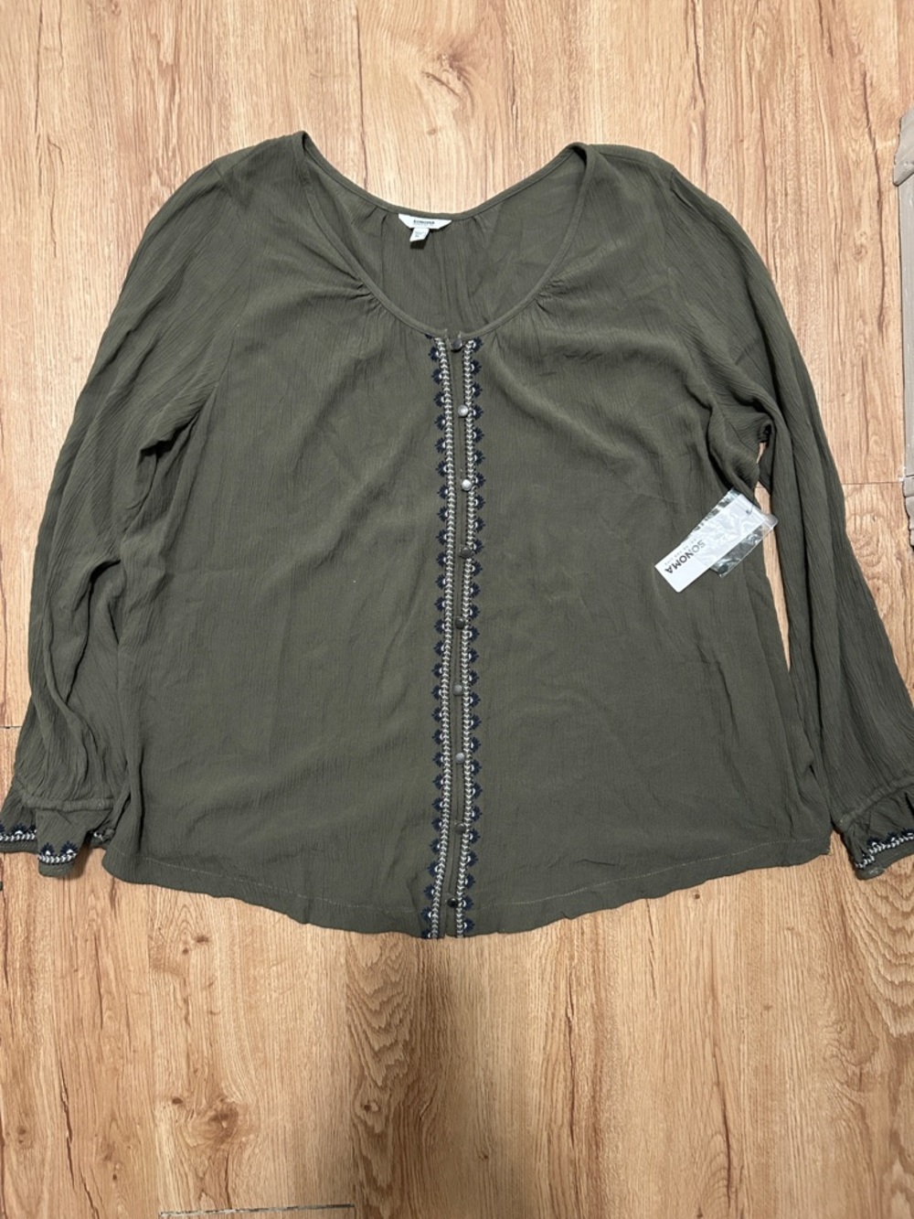 NWT Sonoma XL Olive Green Long Sleeve Buttoned Peasant Top